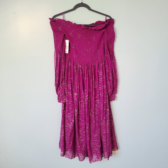 Free People Purple Foiled Smocked Midi Dress - Picture 2 of 5
